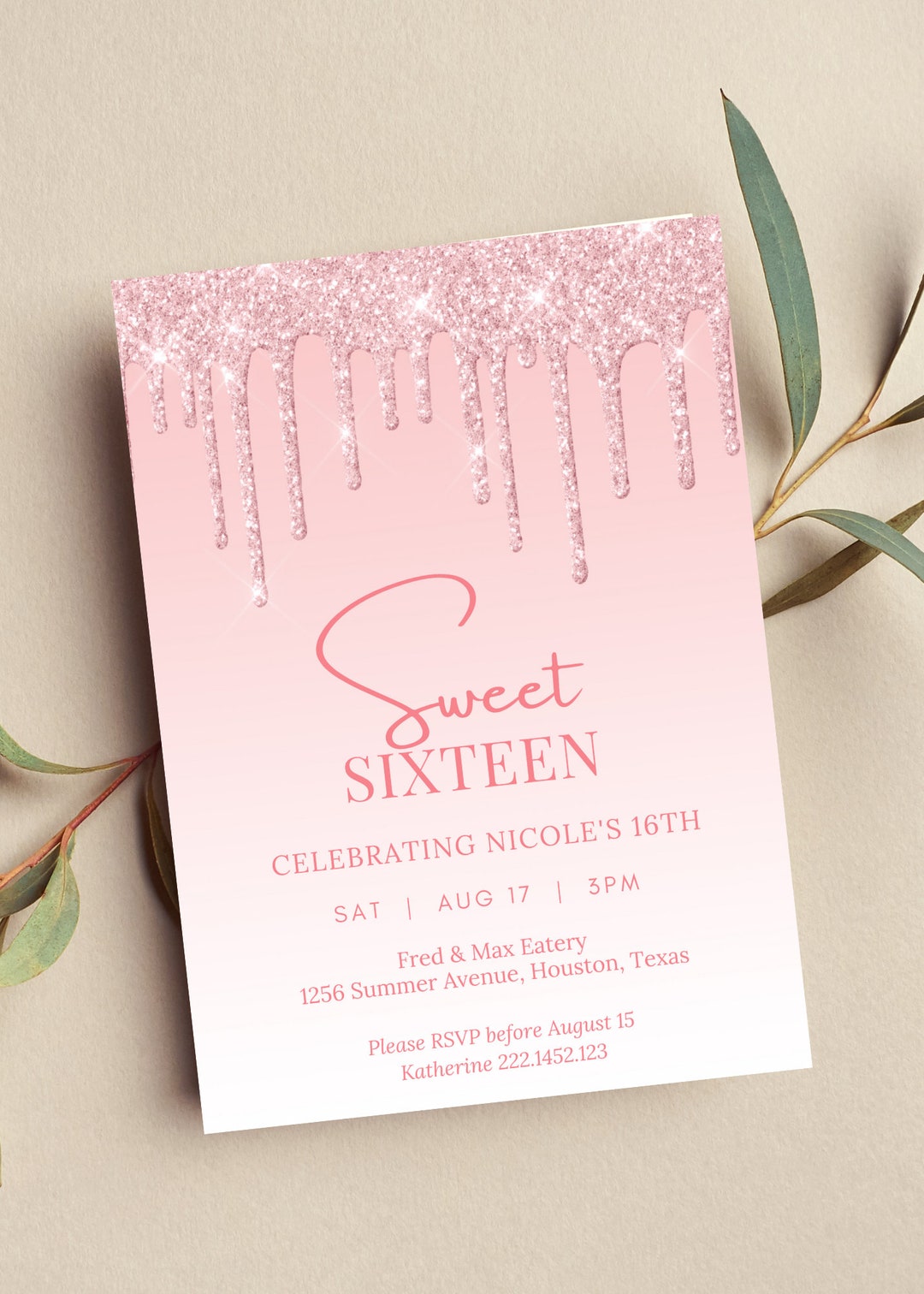 Editable Sweet 16 Birthday Invitation, Pink Glitter Drip, Blush ...