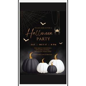 May include: A black and gold Halloween party invitation on a smartphone screen. The invitation features a spider web, bats, and pumpkins. The text reads "Please join us for a Halloween Party, Sat Oct 17, 8 PM, The Smith's Residence, 123 Scary Avenue, Houston, Texas 12345, Costumes Encouraged."