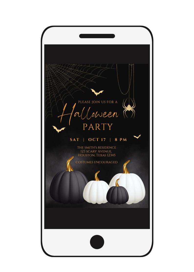 May include: A black and gold Halloween party invitation on a smartphone screen. The invitation features a spider web, bats, and pumpkins. The text reads "Please join us for a Halloween Party, Sat Oct 17, 8 PM, The Smith's Residence, 123 Scary Avenue, Houston, Texas 12345, Costumes Encouraged."