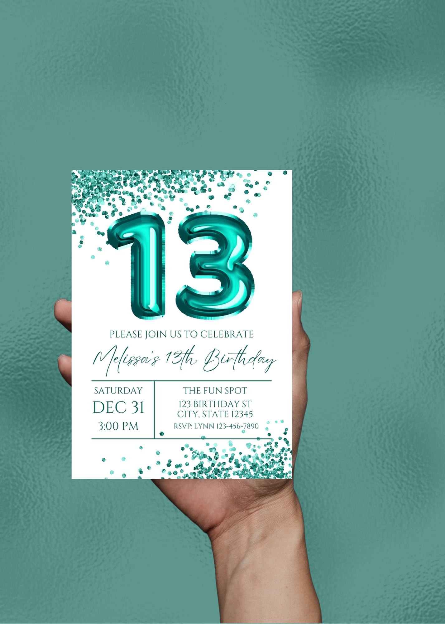 Editable 13th Birthday Invitation, Teal, Printable or Digital