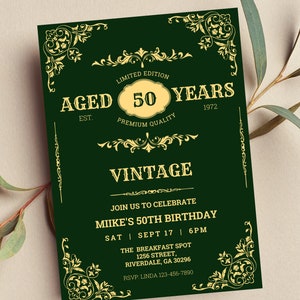 Editable Whiskey Label Invitation, Aged to Perfection, Vintage Birthday Party, Green and Gold Invitation for Men, Printable or Text Invite