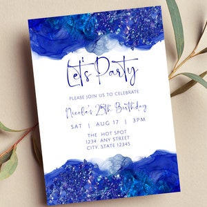 Bearbeitbare blau-weiße Einladung, Let's Party Birthday einladen, Glam, Abstrakt, Druckbar oder Text einladen