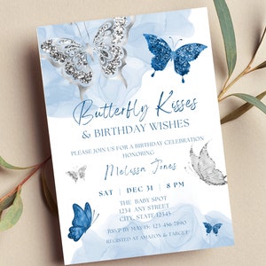 Invito di compleanno a forma di farfalla modificabile, baci di farfalla e auguri di compleanno, farfalle blu e argento, invito stampabile o con testo