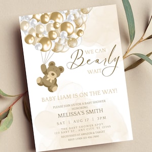 Invitation de baby shower modifiable We can Bearly Wait, ours en peluche et ballons, impression neutre en blanc et marron ou invitation textuelle