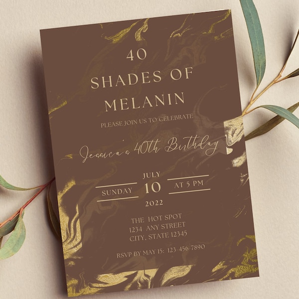 Editable Shades of Melanin Invitation, Brown and Gold Marble, Birthday Invitation, Printable or Text Invite