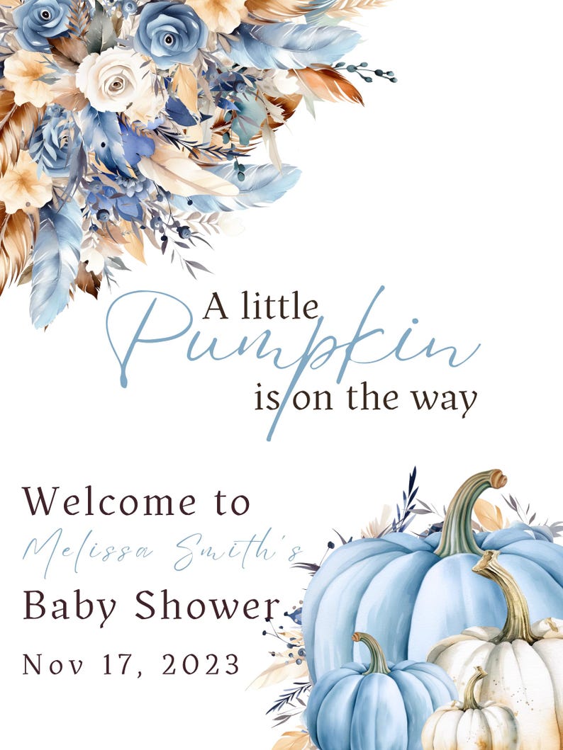 Editable A Little Pumpkin on the Way Sign Blue Boho Floral