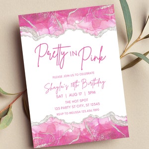 Faire-part d'anniversaire rose modifiable, jolie invitation rose, rose, blanc et argent, shower de mariage, baby shower, impression ou invitation texte
