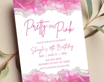 May include: Pink and silver glitter birthday invitation with the text "Pretty in Pink" and "Shayla's 18th Birthday". The invitation includes the date, time, location, and RSVP information.
