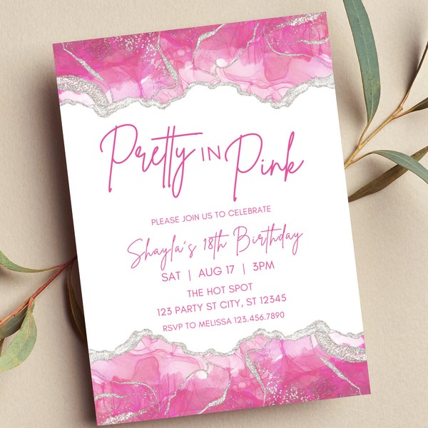 Editable Pink Birthday Invitation, Pretty in Pink,  Pink, White, and Silver Invitation, Bridal Shower, Baby Shower, Print or Text Invite