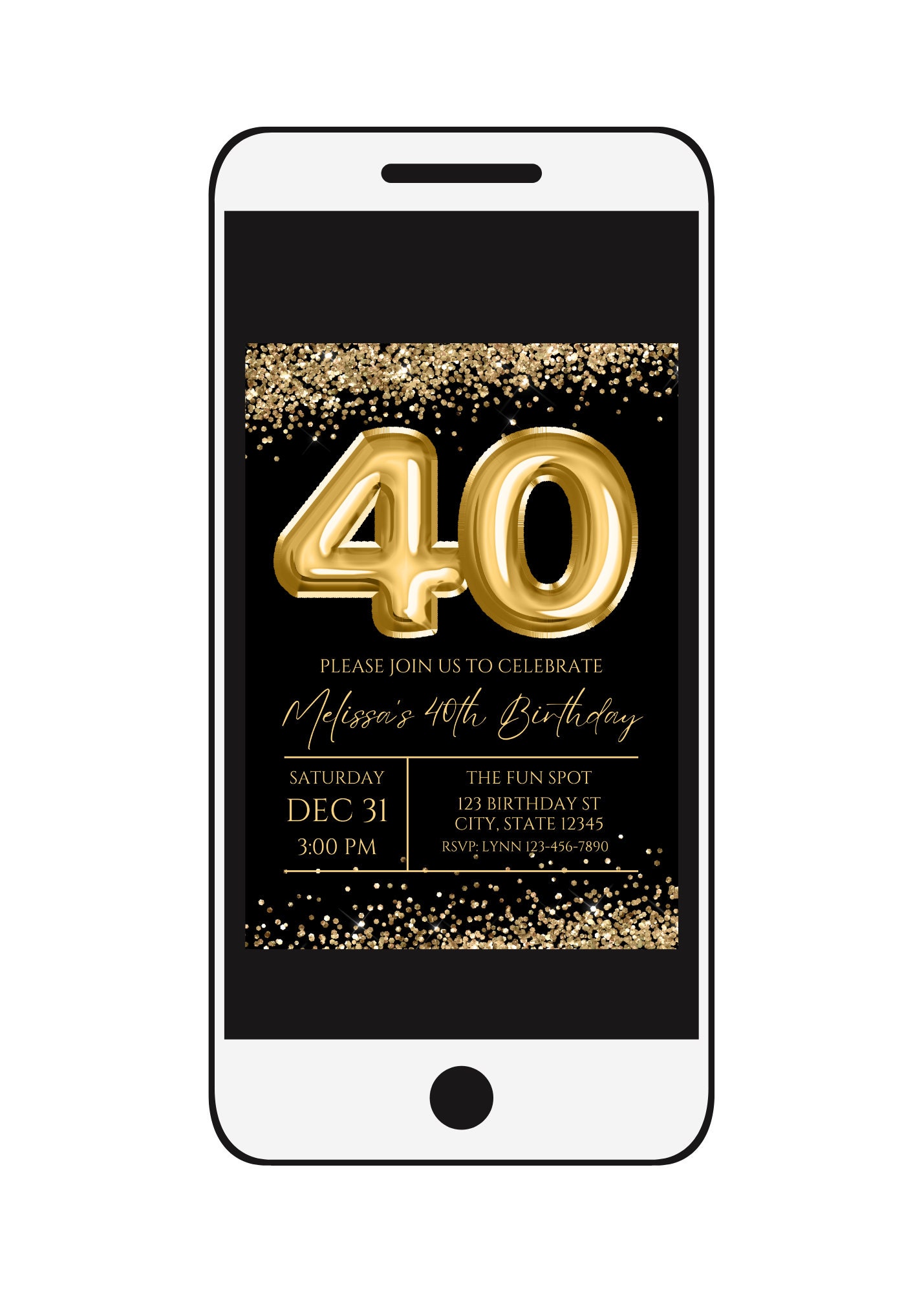 Invitación editable para 40 cumpleaños, invitación negra y dorada, globo  dorado, cumpleaños importante, brillo, imprimible o digital - Etsy México, image size:1429x2000