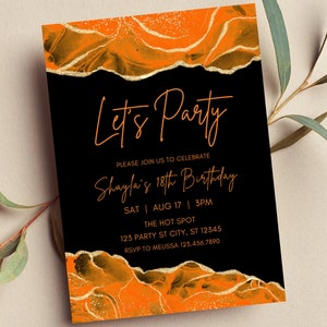 Bearbeitbare orange und schwarze Geburtstagseinladung, Let's Party, Printable oder Text Invite