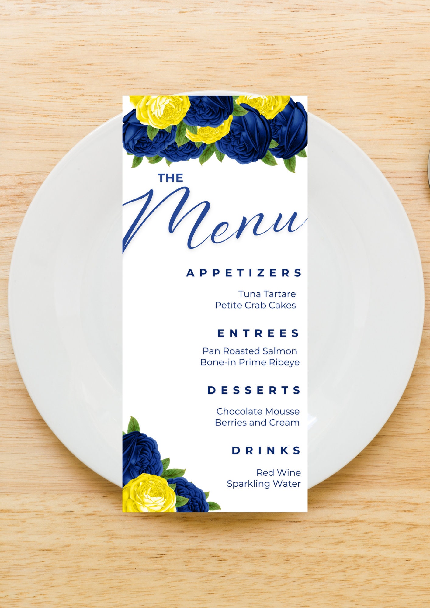 Editable Menu Card Template, Blue and Yellow Menu Cards, Floral, Dinner ...