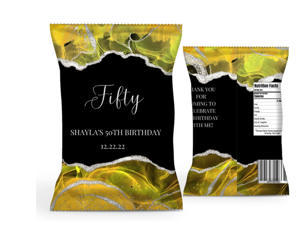 Editable Birthday Chip Bag, Yellow and Black Chip Bag, Party Decor
