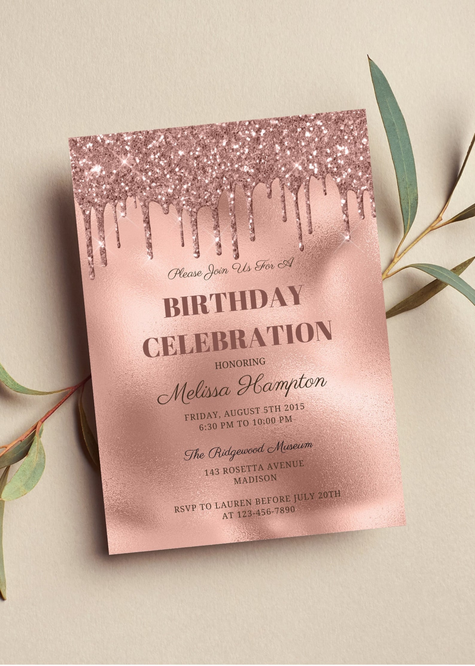 Editable Rose Gold Birthday Invitation, Rose Gold Glitter Drip ...