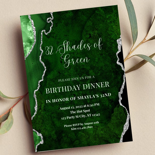 Editable Shades of Green Invitation, Green and Silver, Birthday Dinner, Brunch, Wedding, Any Occasion, Printable or Digital Invite