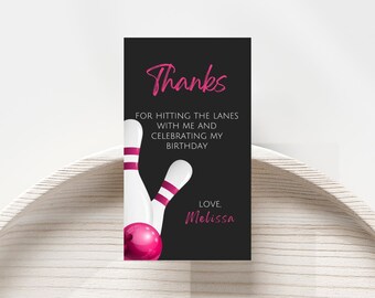 Printable Birthday Bowling Tag, Thank You for Coming, Favor Tags, Lets Strike Up Some Fun, Gift Tags, Pink, Editable