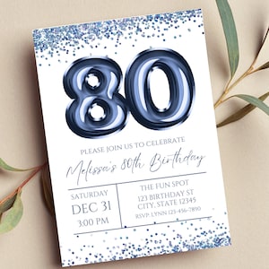 Editable 80th Birthday Invitation, Navy Blue and White Invitation, Navy Blue 80 Balloon, Glam, Glitter, Printable or Text Invite