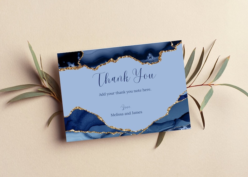 Printable Thank You Card, Blue and Gold Thank You Note, Editable, Blue ...