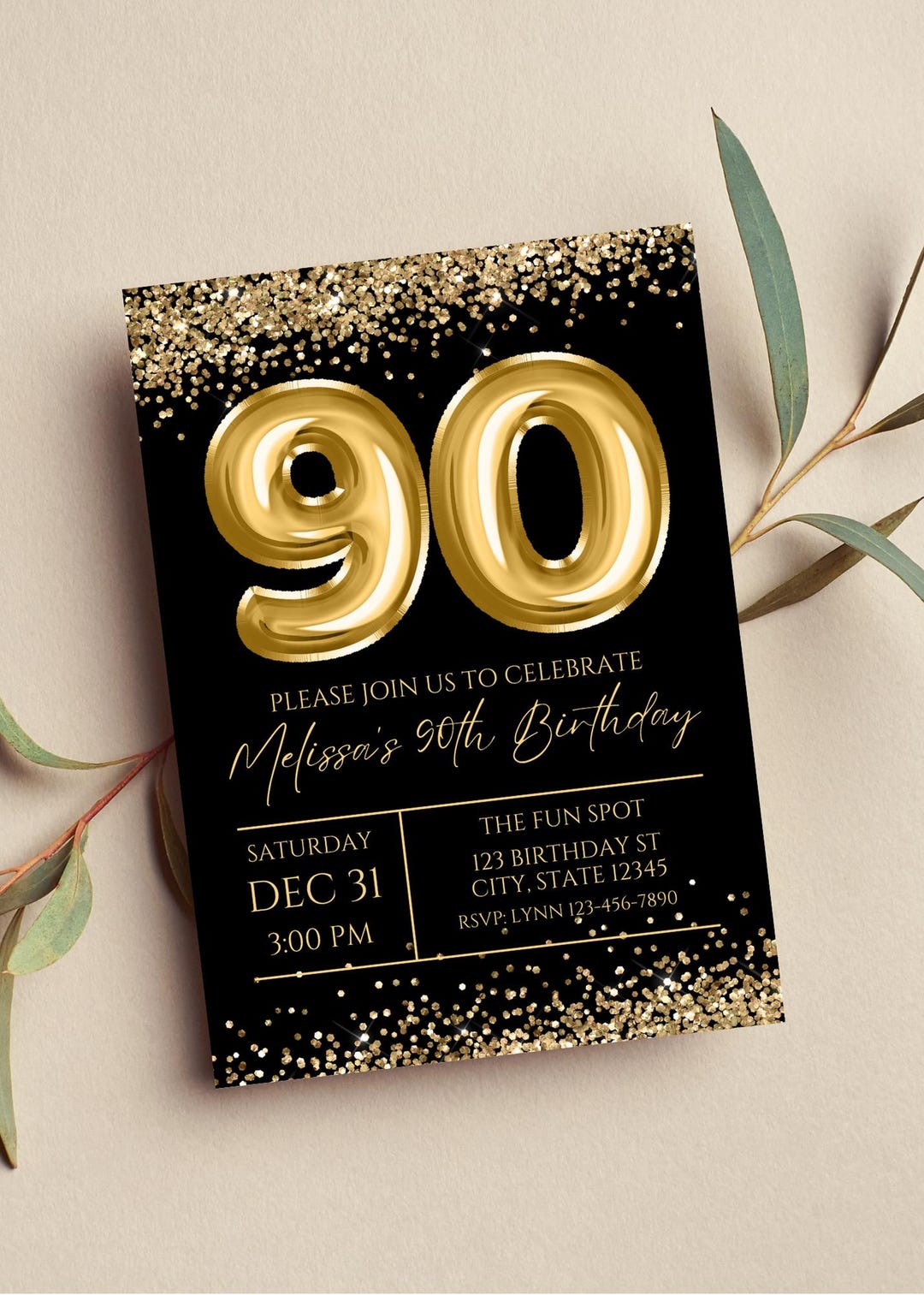 Editable 90th Birthday Invitation, Gold and Black Invitation, Gold 90 ...