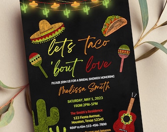 Editable Let's Taco 'Bout Love, Fiesta Bridal Shower Invitation, Mexican Theme, Cactus, Chalkboard Invite, Printable or Text Invite