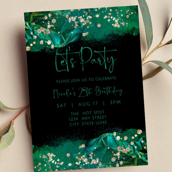 Editable Green and Black Invitation, Let's Party Birthday Invite, Glam, Abstract, Printable or Text Invite