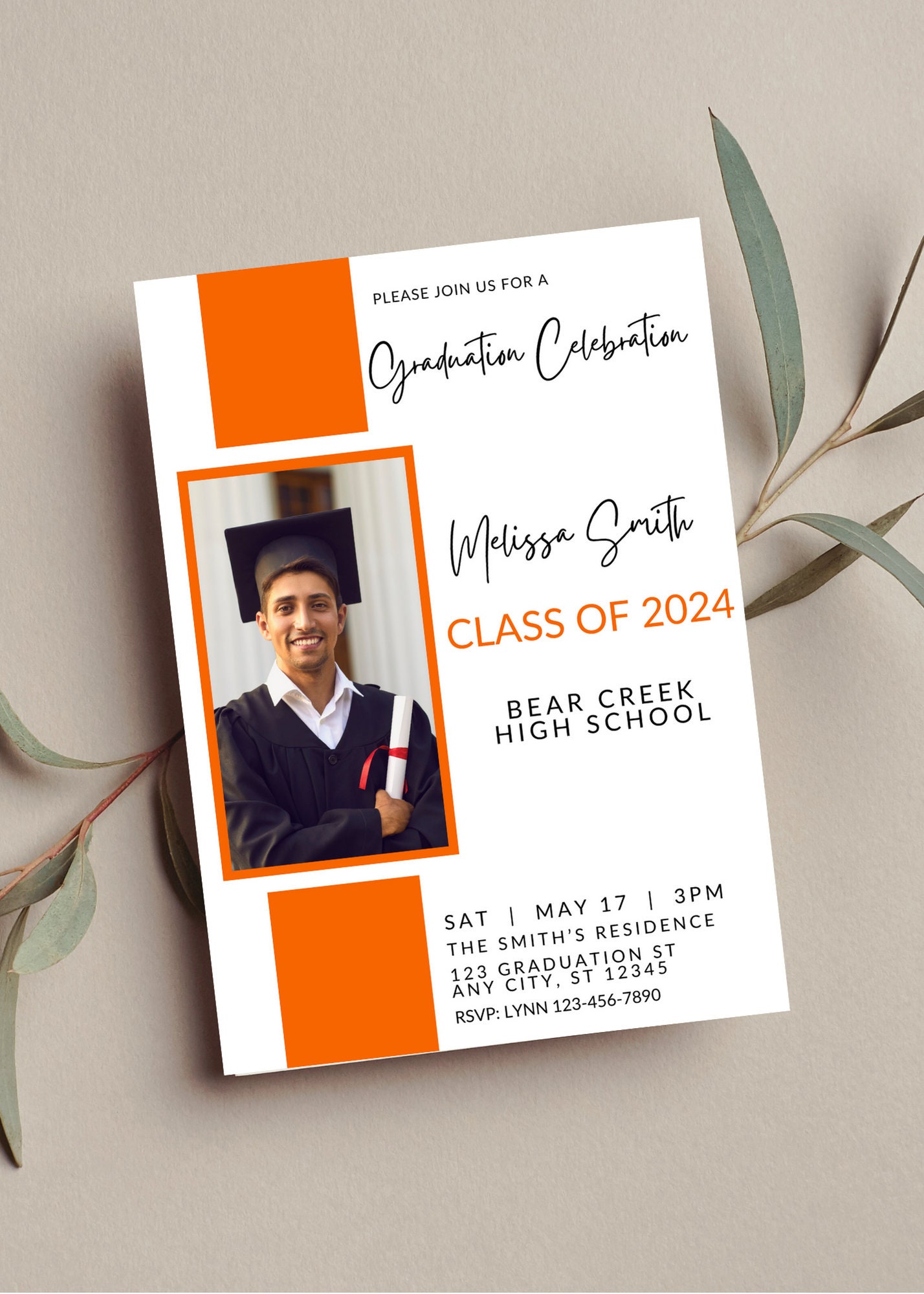 Editable Graduation Invitation Template with Photo, Orange, Graduation Announcement, Modern Printable or Digital Invitation