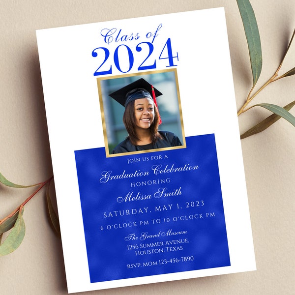Editable Graduation Invitation 2024 with Photo, Blue Graduation Announcement, Graduation Party, Dinner, Class of 2024, Print or Text Invite