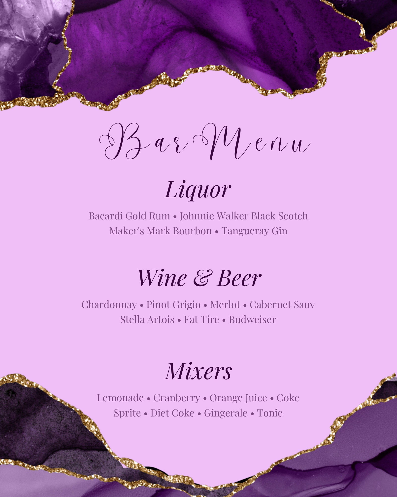 Editable Purple and Gold Bar Menu Card Template Full Size Etsy