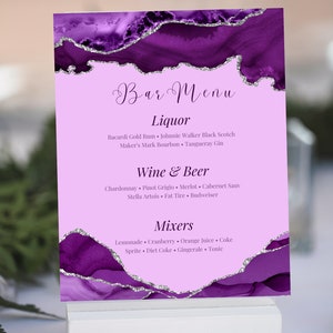 Edytowalny fioletowy i srebrny szablon karty menu baru, menu w pełnym rozmiarze, menu stołowe, menu kolacyjne, menu urodzinowe, menu weselne, do druku