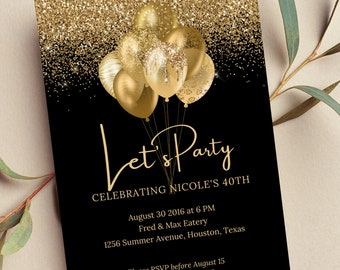 Bearbeitbare Schwarz und Gold Geburtstagseinladung, Let's Party Goldballons einladen, printable