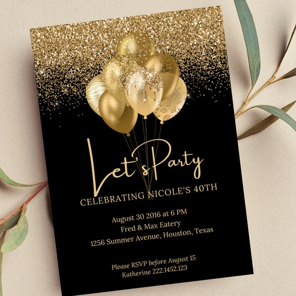 Invitation d'anniversaire modifiable en noir et or, Let's Party Gold Balloons Invite, imprimable