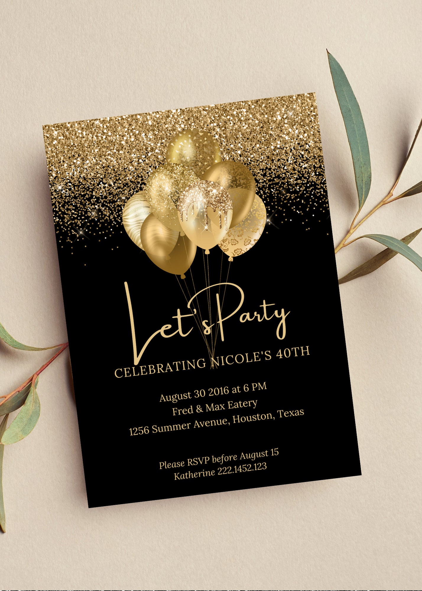 Editable Black and Gold Birthday Invitation Let s Party Gold