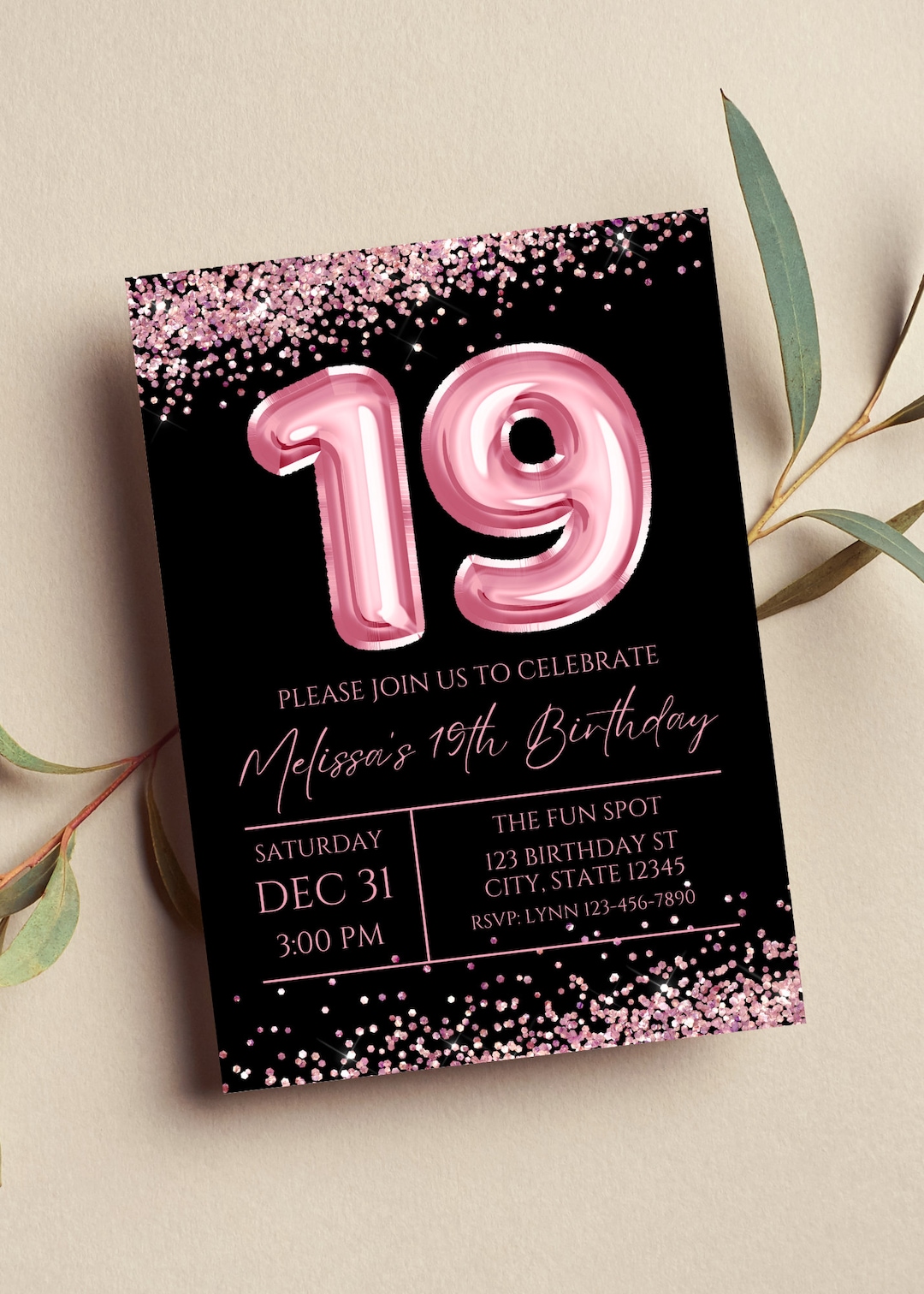Editable 19th Birthday Invitation, Pink and Black Invitation, Pink 19 ...