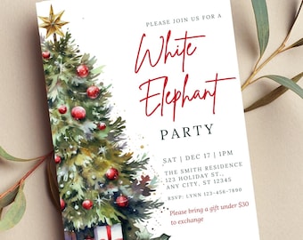 Editable White Elephant Christmas Party Invitation, Watercolor Tree (Digital Invitation)