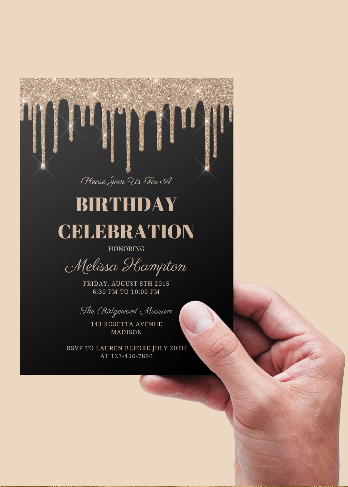 Buy Editable Black and Gold Birthday Invitation, Gold Glitter Drip ...