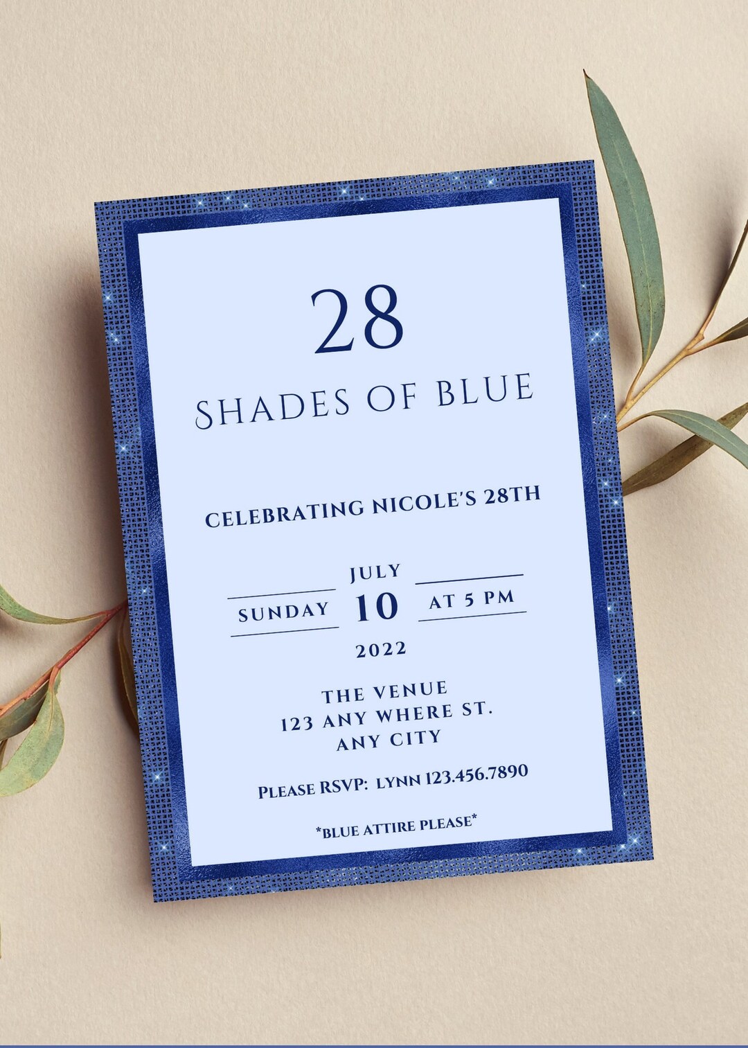 Editable Shades of Blue Invitation, Blue Birthday Invitation, Printable