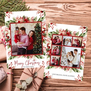 Plantilla de tarjeta fotográfica de Navidad, tarjeta navideña editable, floral, imprimible, descarga instantánea