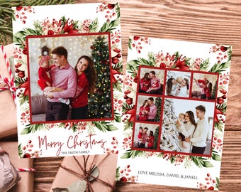 May include: A Christmas card with a red and green floral border. The card features a photo of a family of three, a man, a woman, and a child. The text on the card reads "Merry Christmas The Smith Family".