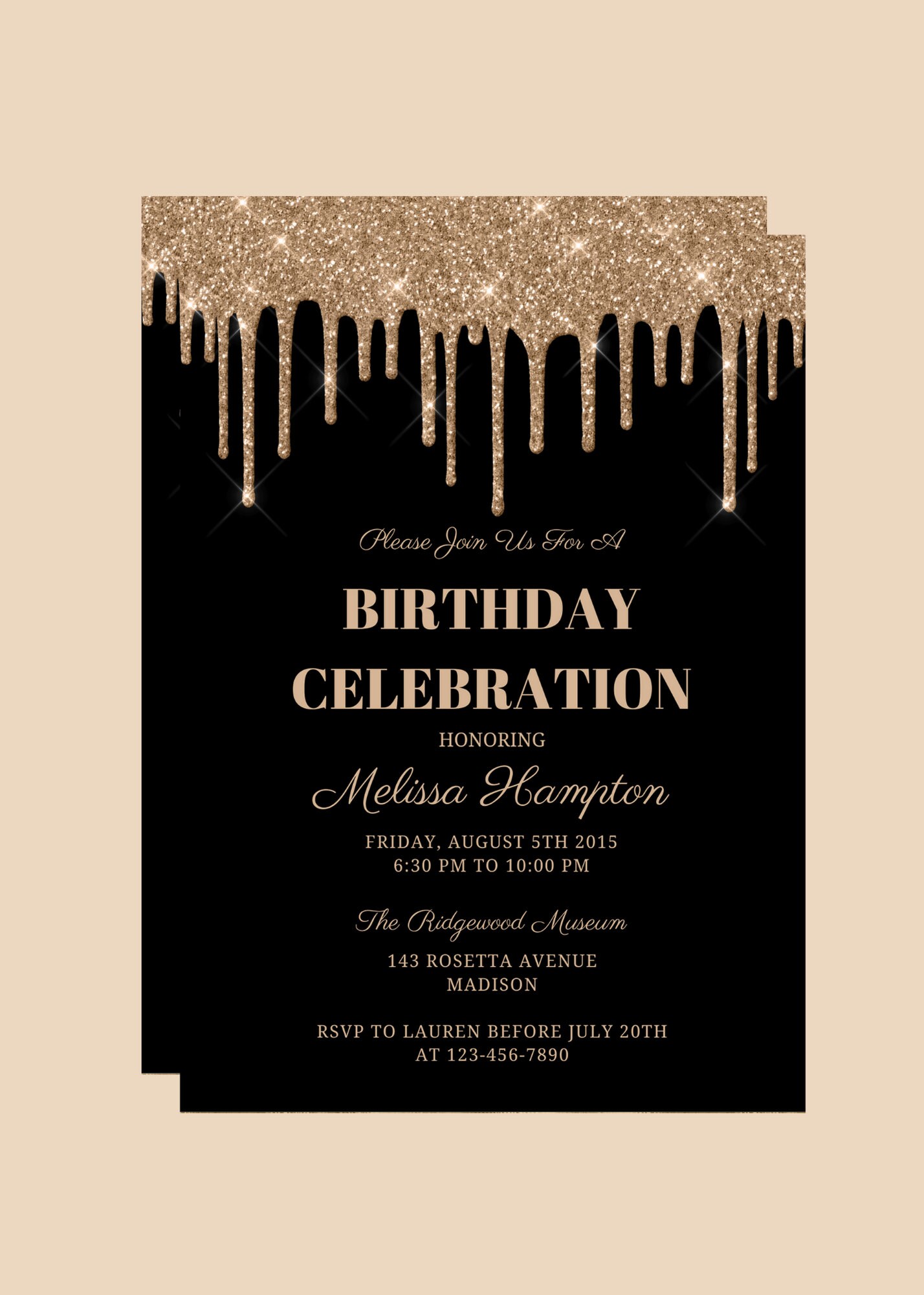 Buy Editable Black and Gold Birthday Invitation, Gold Glitter Drip ...