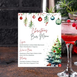 Menu modificabile dei cocktail di Natale, menu delle bevande delle feste, menu del bar di Natale, stampabile