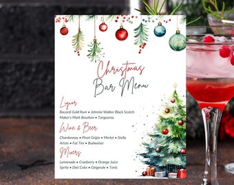 May include: A Christmas bar menu with a watercolor illustration of a Christmas tree and ornaments. The menu lists liquor, wine and beer, and mixers.