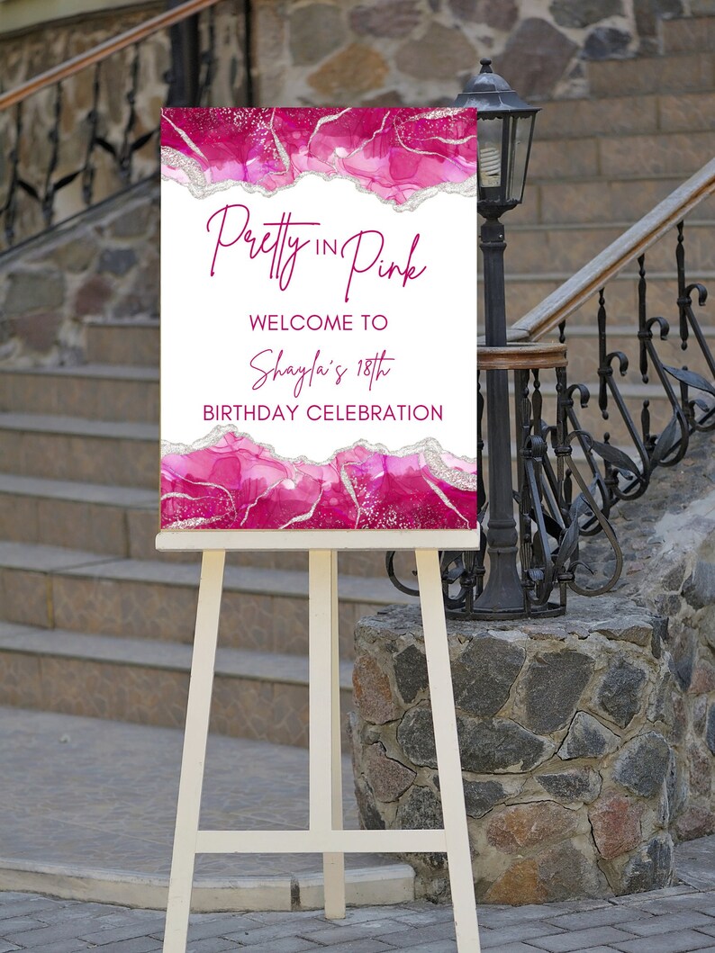Editable Pretty in Pink Birthday Welcome Sign, Hot Pink, Silver and ...