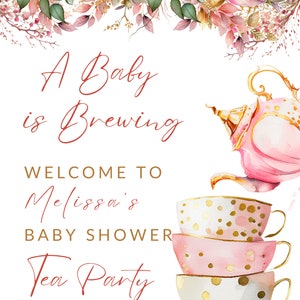 May include: A baby shower tea party invitation with floral and bird accents. The invitation features the text "A Baby is Brewing" and "Welcome to Melissa's Baby Shower Tea Party". The design includes stacked teacups and a teapot.