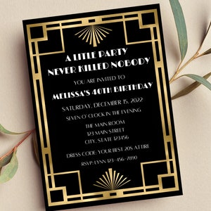 Bewerkbare Gatsby-uitnodiging, verjaardagsuitnodiging Roaring 20s, Harlem Nights, Art Deco, afdrukbare of digitale uitnodiging