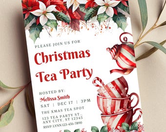 May include: Christmas Tea Party invitation with watercolor poinsettias, holly, and candy canes. The invitation includes the text "Christmas Tea Party", the host's name, date, time, and location.