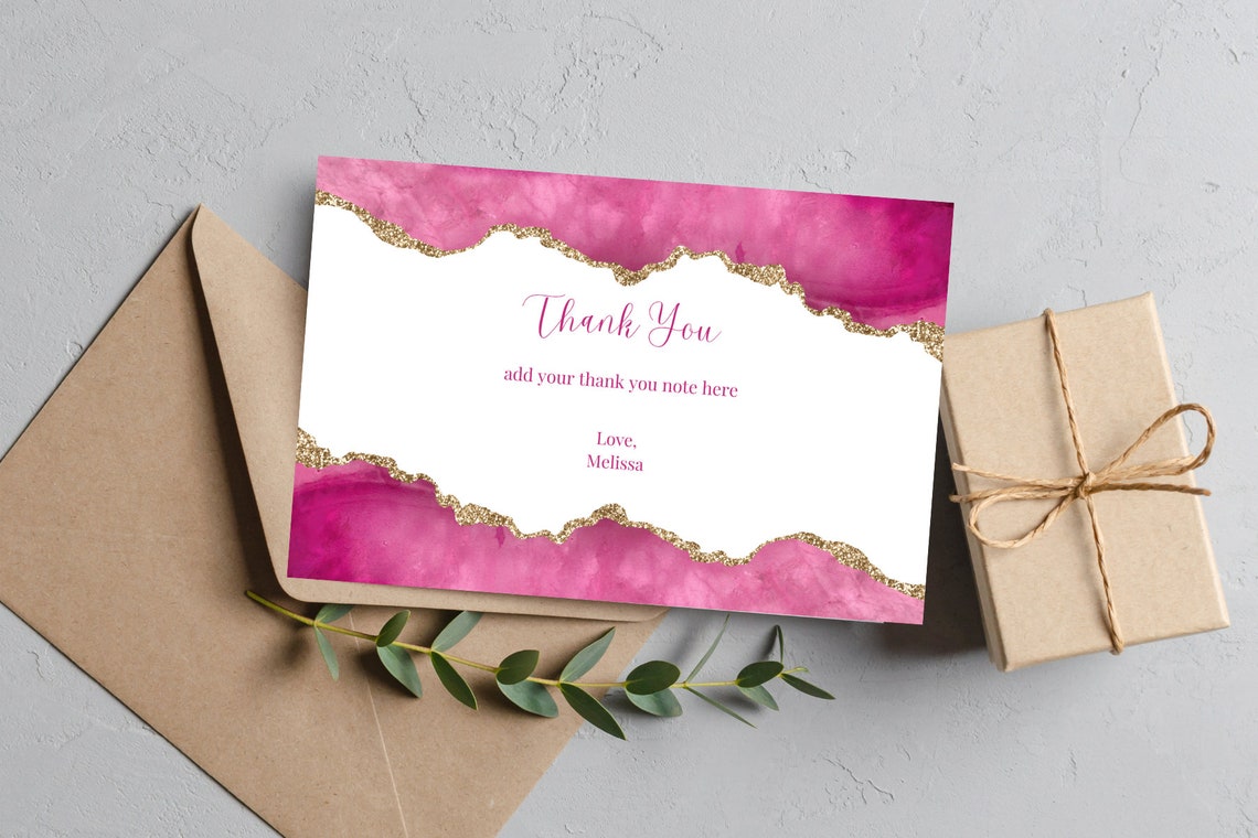 Printable Thank You Card, Pink, White and Gold Thank You Note, Editable ...