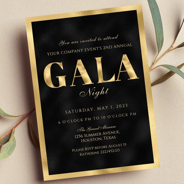 Editable Gala Invitation, Gala Party, Corporate Invite, Fundraiser, Business Invitation, Business Anniversary, Black and Gold, Printable