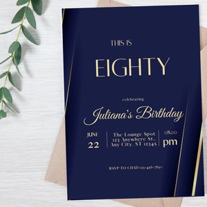 80th Birthday Invitation |  Blue and Gold Birthday Invitation | Editable | Digital Invite | Text Invite