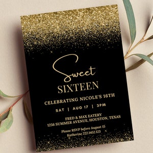 Convite editável para aniversário de 16 anos, convite preto e dourado, glitter dourado, convite para impressão ou texto