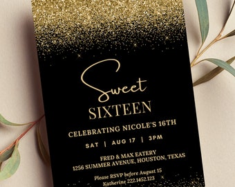 May include: Black and gold glitter background with a gold script font that says "Sweet Sixteen" and details for a party celebrating Nicole's 16th birthday. The party is on Saturday, August 17th at 3 PM at Fred & Max Eatery, 1256 Summer Avenue, Houston, Texas. Please RSVP before August 15th to Katherine at 222.1452.123.